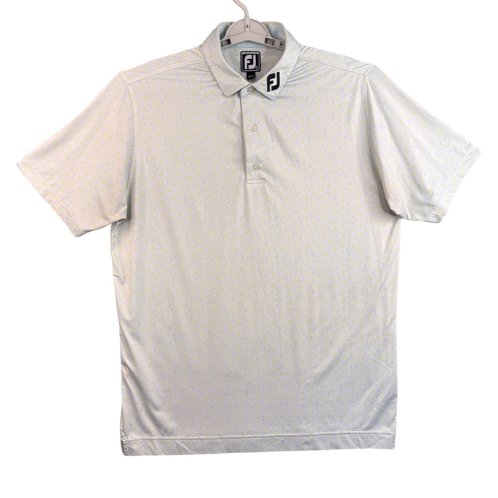 FootJoy Mens Athletic Fit Daisy Floral Golf Polo Shirt Blue Yellow Large L